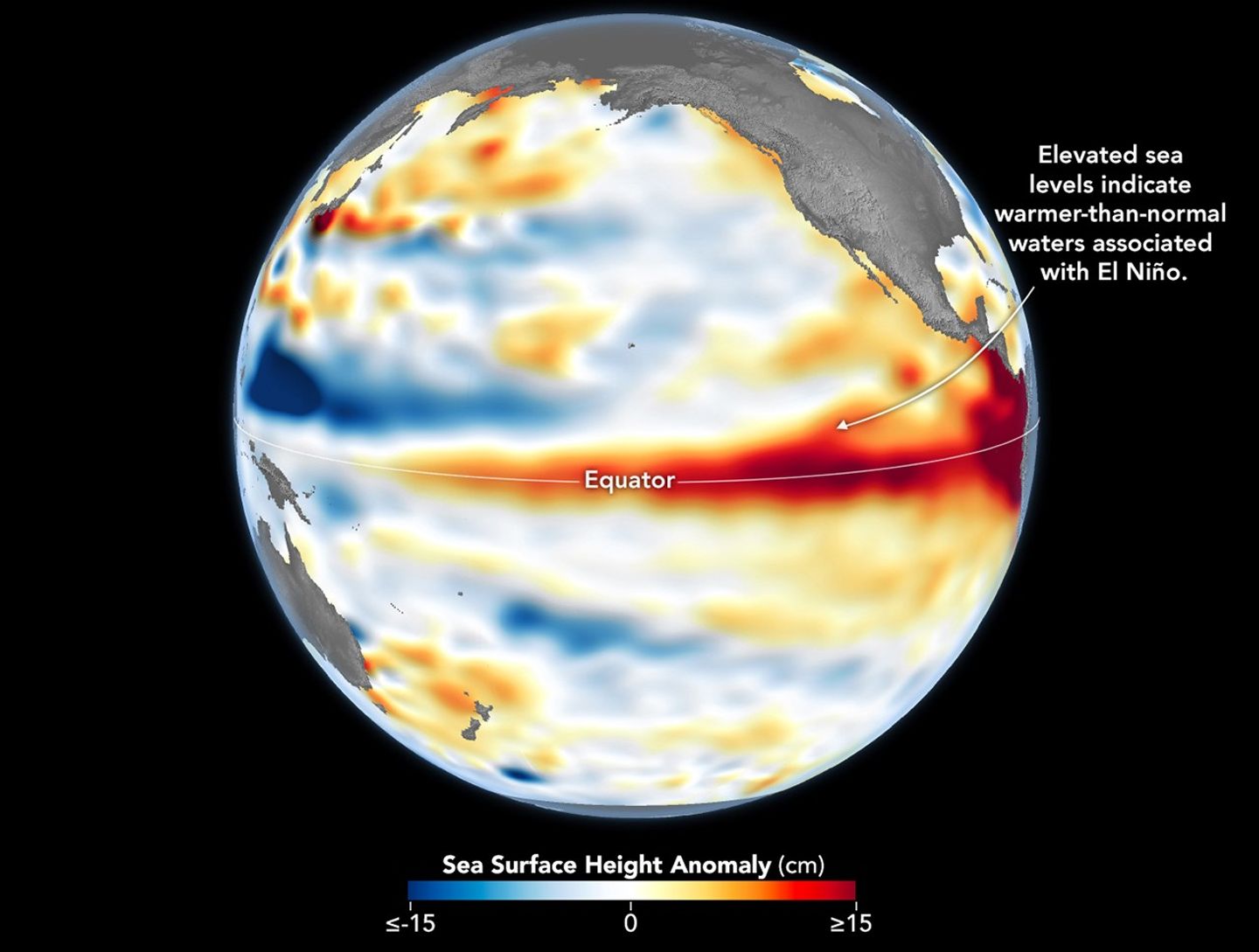 NASA 地球图像：赤道东太平洋海面高度异常偏高的红色暖带
